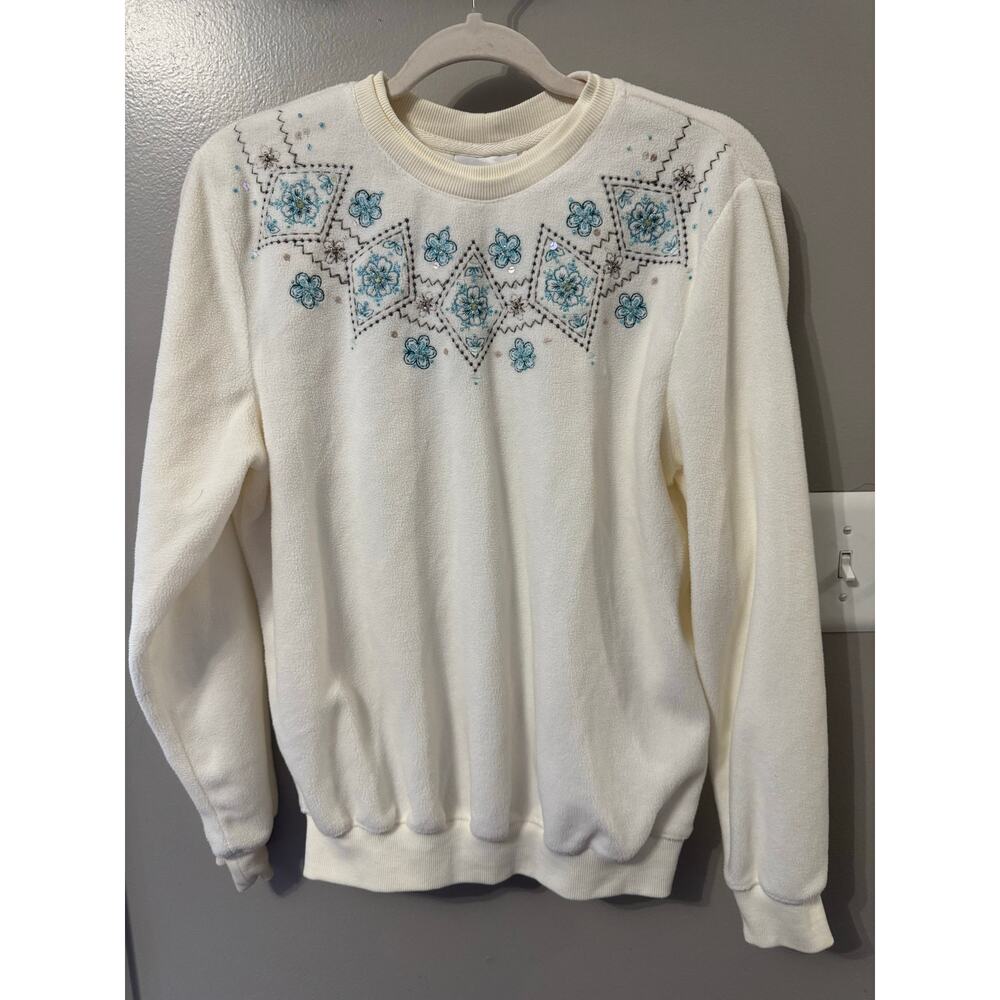 Alfred Dunner Velour Floral Embroidered Grandma Pullover Fleece Sz SM Rhinestone
